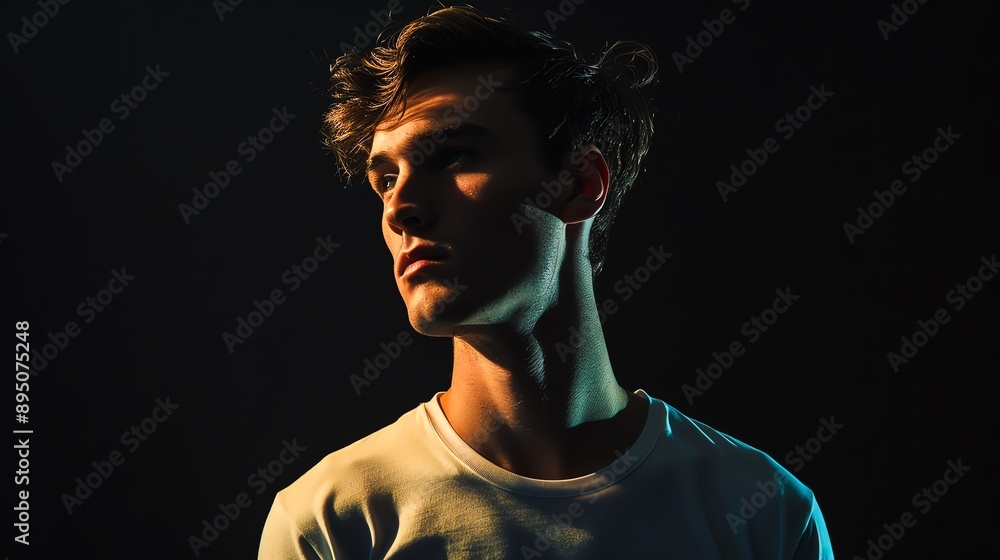 Moody portrait of a young man in dramatic lighting, highlighting his profile and expression in a dark, mysterious setting. Moody portrait of a young man in dramatic lighting, highlighting his profile and expression in a dark, mysterious setting.