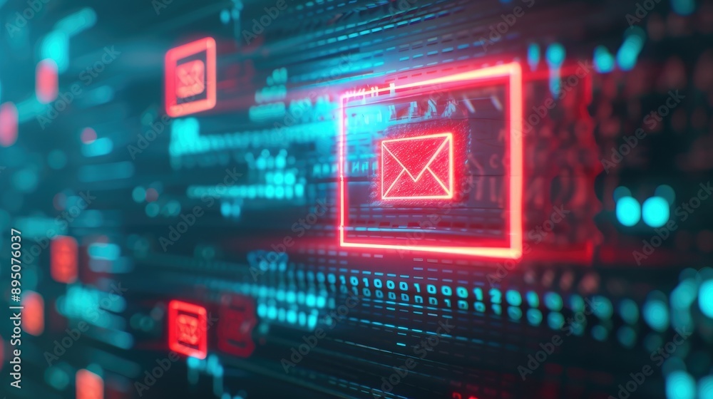 Neon Email Icon on Digital Background. Neon Email Icon on Digital Background.