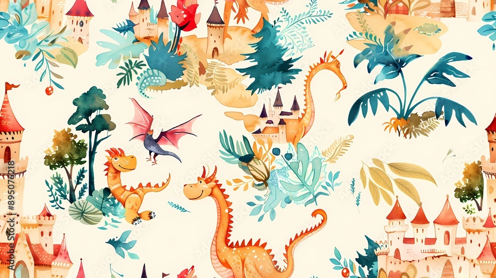 Watercolor Dragon and Castle Seamless Pattern Watercolor Dragon and Castle Seamless Pattern