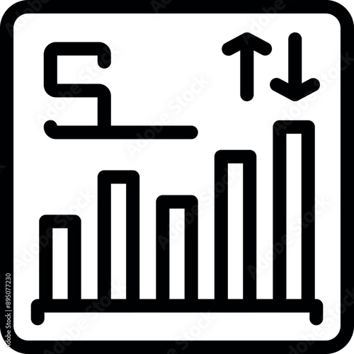 Simple, bold line icon of a platform displaying a dynamic financial market chart with currency trading ups and downs