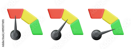 3d speedometer icon. High and low speed status. Scale score of speed, levels, meter, tachometer performance and rating. Stock vector illustration on isolated background.
