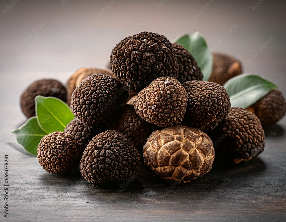 Close-up with a group of truffles on the table Close-up with a group of truffles on the table