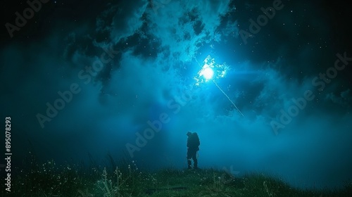 A man and woman are standing on a hill, looking up at the sky © Dmitriy