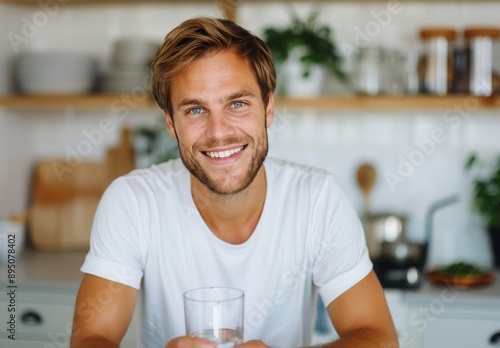 Man Drinking Water in Kitchen
