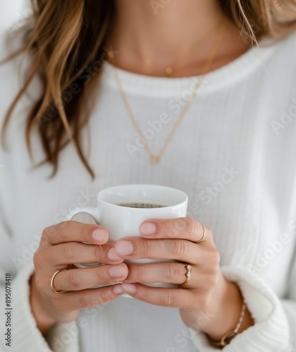 Woman Holding Coffee Cup in White Sweater