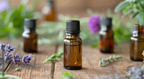 Essential Oil Bottles on Wooden Table