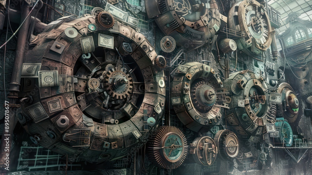 Obraz premium artistic representation of a budget as a complex machine with cogs and wheels made from banknotes, set in a steampunk environment