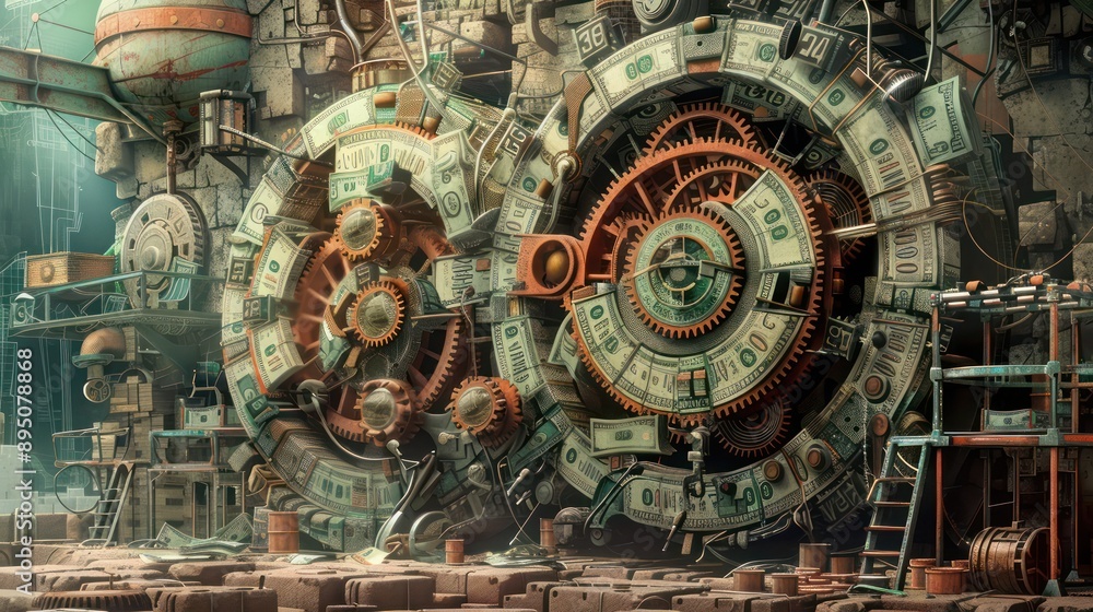 artistic representation of a budget as a complex machine with cogs and wheels made from banknotes, set in a steampunk environment