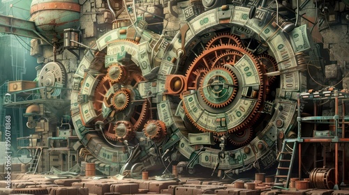 Obraz na płótnie artistic representation of a budget as a complex machine with cogs and wheels made from banknotes, set in a steampunk environment w salonie