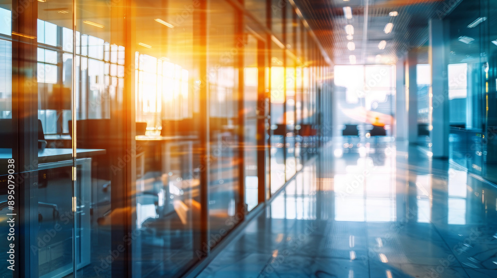 Fototapeta premium A blurred background of an office interior with glass walls, showcasing desks and chairs arranged neatly along the long corridor, with sunlight streaming through windows