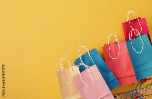Shopping Bags and Cart on Yellow Background