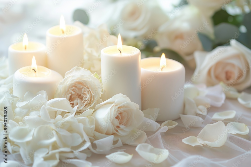 Sympathy and Condolences: White Candles with Roses and Flower Petals for Funeral Memorials Sympathy and Condolences: White Candles with Roses and Flower Petals for Funeral Memorials