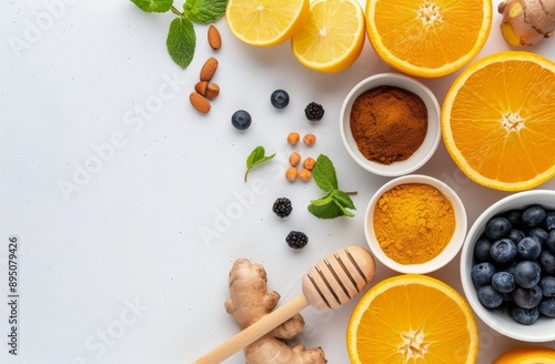 Citrus Fruits, Berries, and Honey on White Background