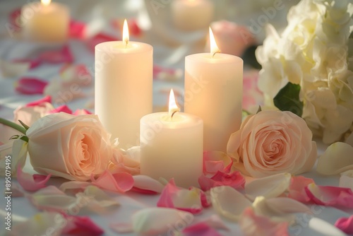 Sympathy and Condolences: White Candles with Roses and Flower Petals for Funeral Memorials