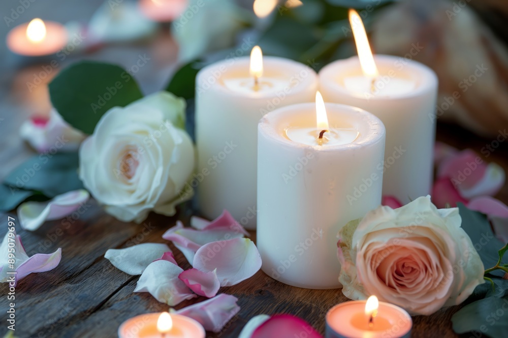 Sympathy and Condolences: White Candles with Roses and Flower Petals for Funeral Memorials Sympathy and Condolences: White Candles with Roses and Flower Petals for Funeral Memorials