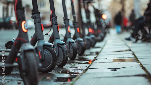 A row of electric scooters parked on a city street. The scooters are black and have red lights on the handlebars. The street is wet from the rain. photo