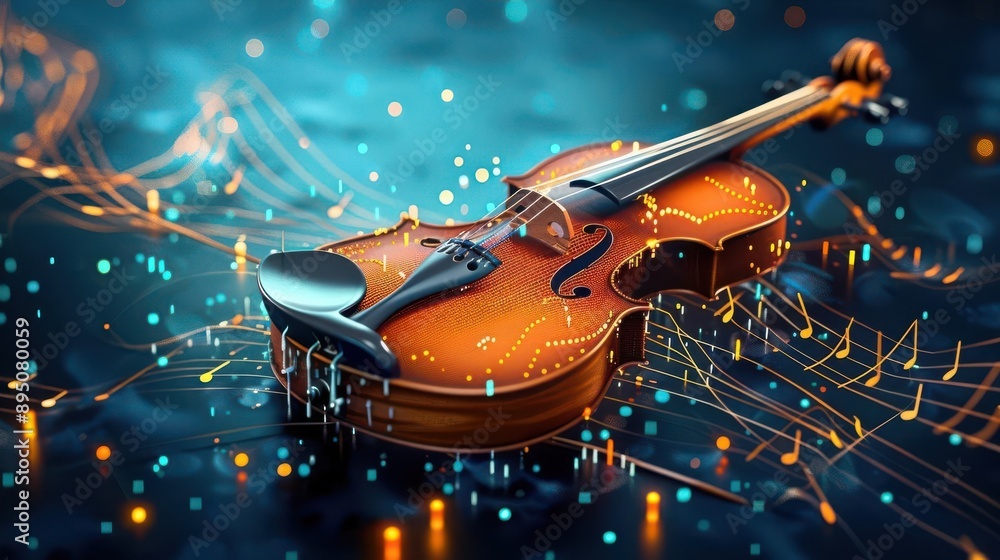 Fototapeta premium Artistic 3D violin with dynamic musical notes and colorful visual effects