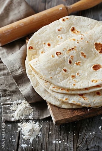 Freshly Baked Tortillas on Wooden Board