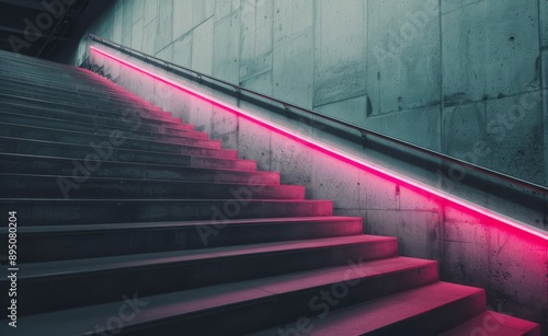 Pink Neon Lights on Concrete Staircase
