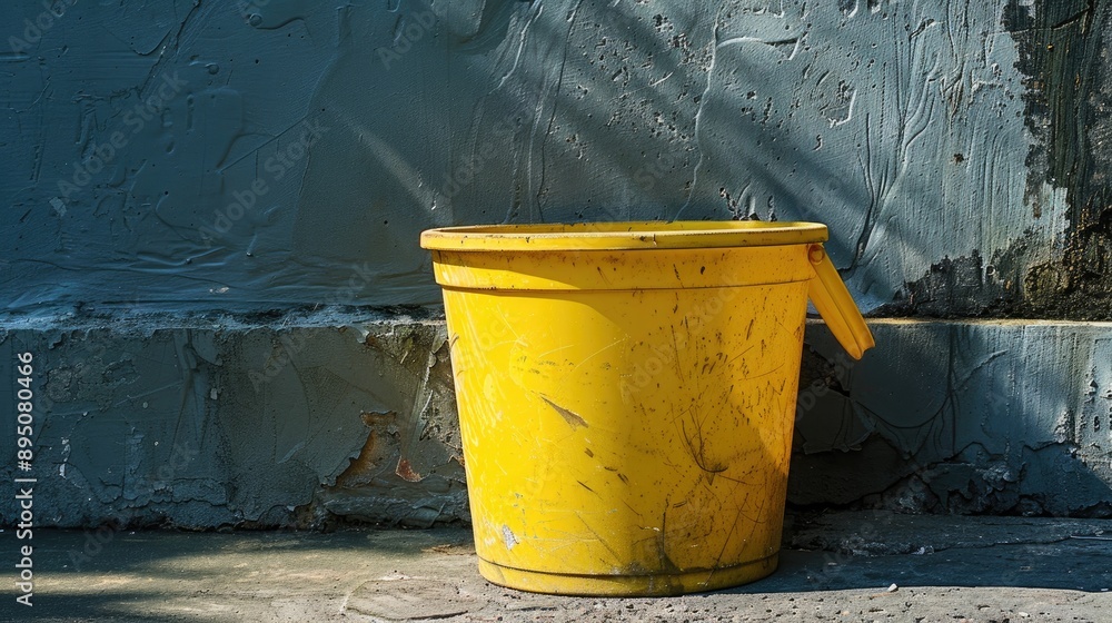 Large yellow bucket on coarse concrete surface Large yellow bucket on coarse concrete surface