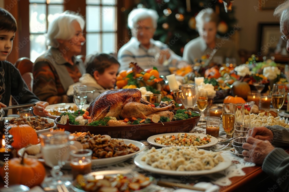 Fototapeta premium Thanksgiving dinner with family and friends sharing a feast