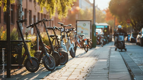 Shared e-scooters parked on a city street. The e-scooters are parked in a row on the sidewalk. A person is riding a bicycle in the background. photo