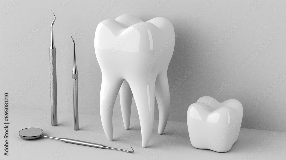 White healthy tooth 3D on a background with dentist tools White healthy tooth 3D on a background with dentist tools