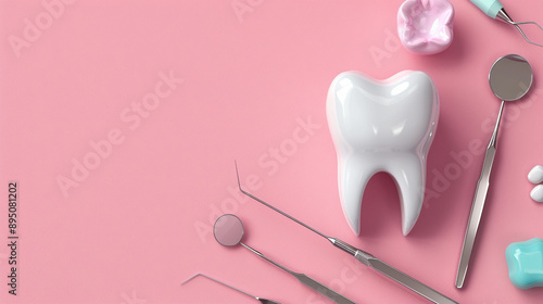 White healthy tooth 3D on a background with dentist tools