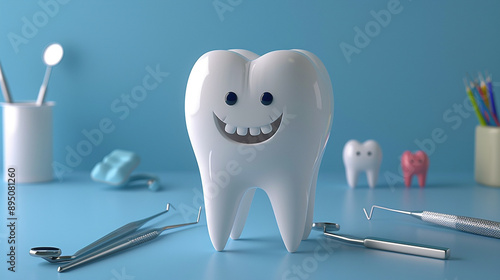 White healthy tooth 3D on a background with dentist tools