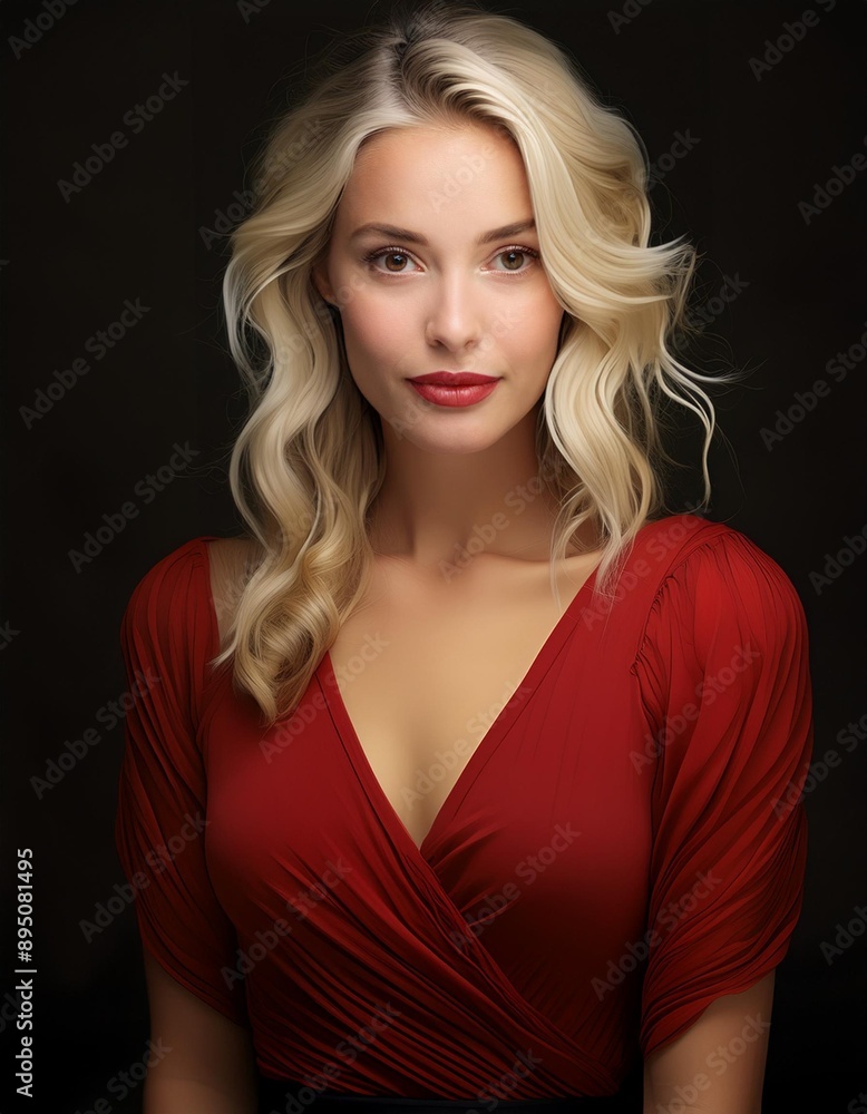 studio portrait of a blonde woman wearing a red dress on black background studio portrait of a blonde woman wearing a red dress on black background