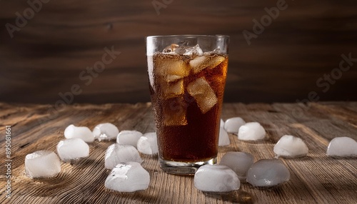 copo de refrigerante cercado por cubos de gelo espalhados por uma mesa de madeira rustica.