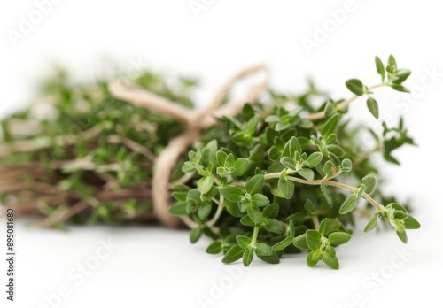 Fresh Thyme Sprigs on White Background