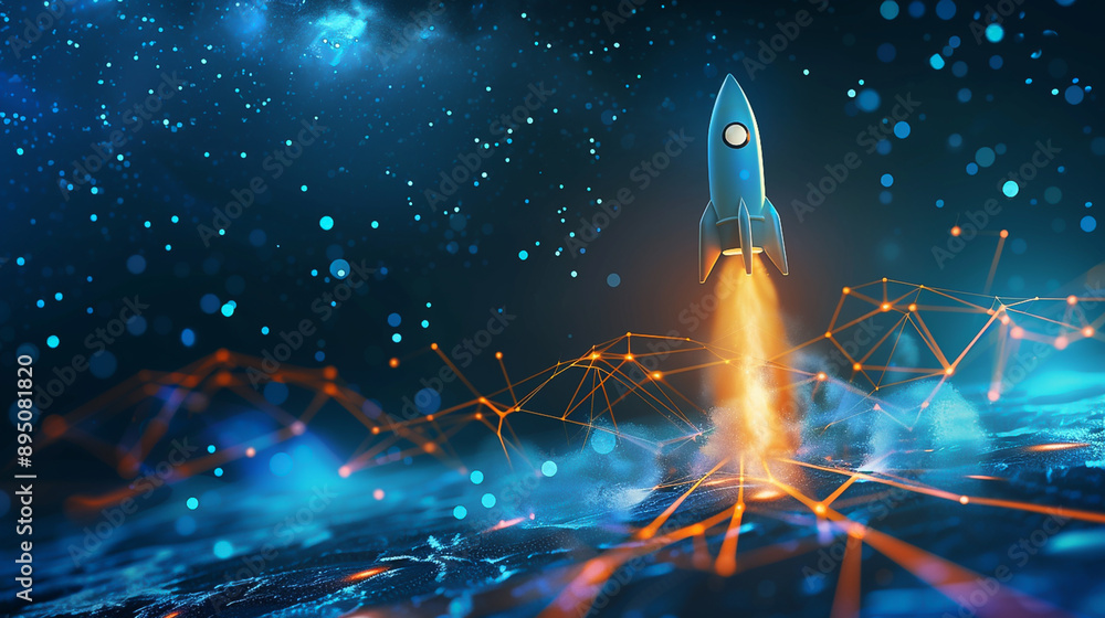 Obraz premium rocket launch business start up low poly wireframe on blue background. business achievement to success concept. vector illustration fantastic design. 
