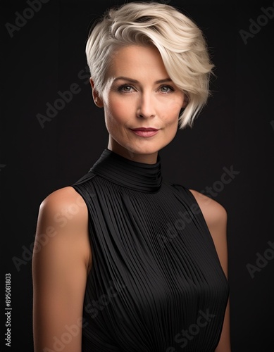 studio portrait of a short hair blonde woman wearing a black dress on black background