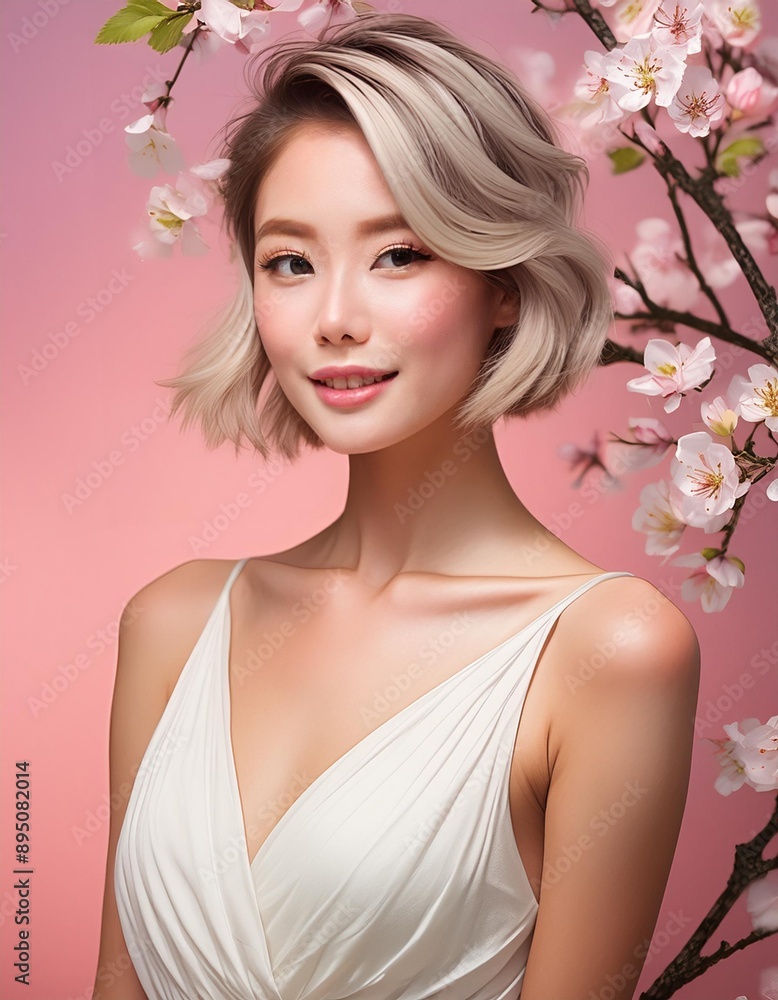 studio portrait of a short hair young blonde woman wearing a white dress on pink background studio portrait of a short hair young blonde woman wearing a white dress on pink background