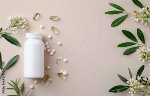 White Bottle of Supplements on Tan Background