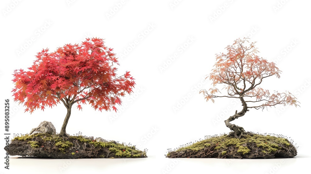 Fototapeta premium Japanese Maple tree from small plant to fullgrown compare difference real size have space between tree, realistic isolated on white background