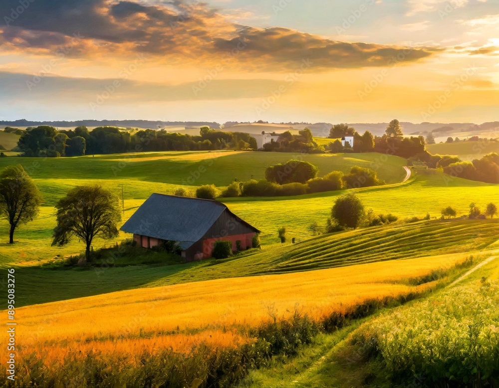 Art countryside landscape; rural farm and farmland field Art countryside landscape; rural farm and farmland field