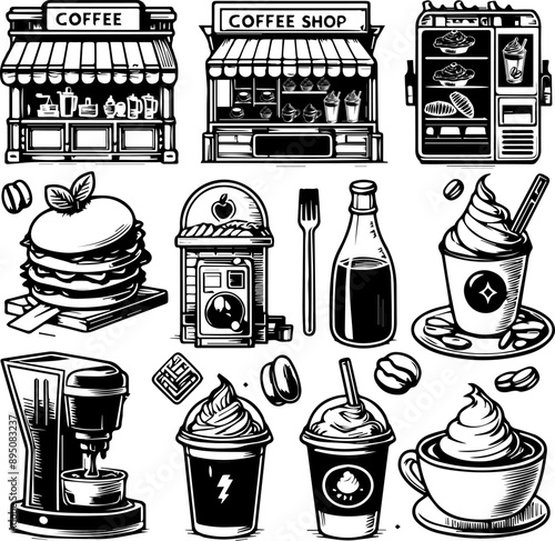 set of cups, coffee pot and other items for a coffee shop