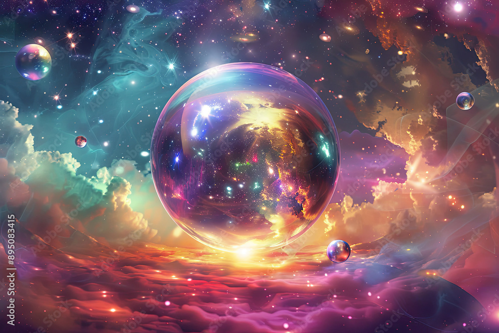 Beautiful illustration of a crystal ball surrounded by cosmic wonders. Fantasy and celestial art Beautiful illustration of a crystal ball surrounded by cosmic wonders. Fantasy and celestial art
