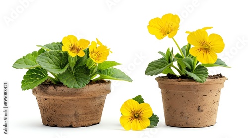 Primrose plant from small plant to fullgrown compare difference real size have space between tree, realistic isolated on white background photo