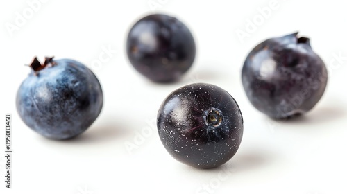 Close-up of a handful of fresh blueberries on a white background. The blueberries are dark blue and plump, with a slight sheen.