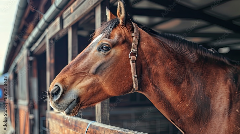 Fototapeta premium A horse standing in a stable stall on a farm. Illustration for banner, poster, cover, brochure or presentation.