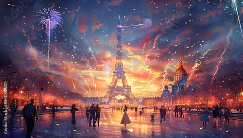 Fireworks and Eiffel Tower in Colorful Digital Art