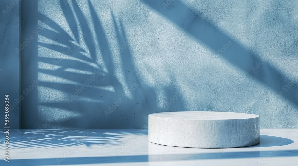 Bare blue studio with leaf shadows on concrete for product display. Sunlight shadow effect. Minimal summer setting. Beauty and fashion showroom. Bare blue studio with leaf shadows on concrete for product display. Sunlight shadow effect. Minimal summer setting. Beauty and fashion showroom.