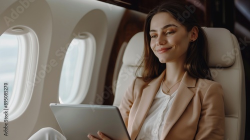 Business lady with tablet on plane, enjoying business trip and comfortable flight, sitting near window in first class seat