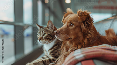 A dog and a cat are sitting on a sofa in an airport terminal on vacation. The concept of traveling with pets. Background for design.