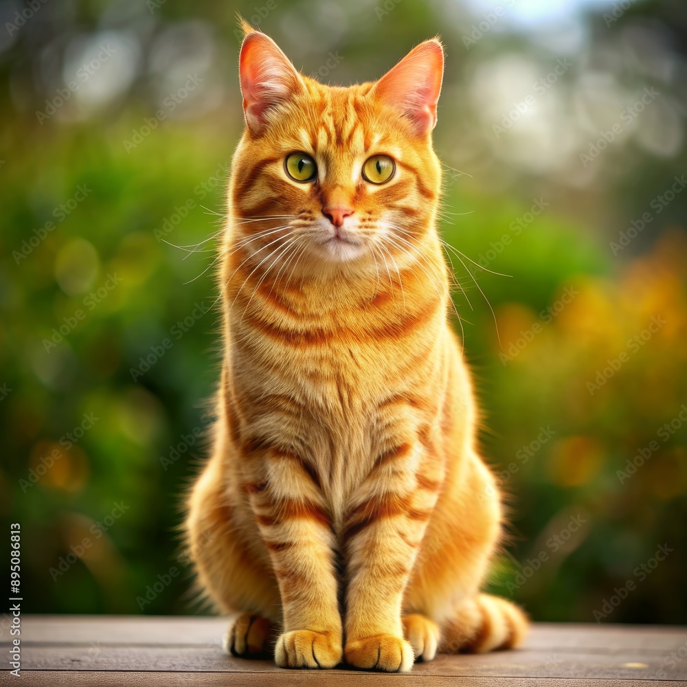 A Ginger Cat Posing on a Wooden Surface with a Blurred Green Background, Cat Portrait, Ginger Cat, Cute Cat, Pets, Animal Photography A Ginger Cat Posing on a Wooden Surface with a Blurred Green Background, Cat Portrait, Ginger Cat, Cute Cat, Pets, Animal Photography