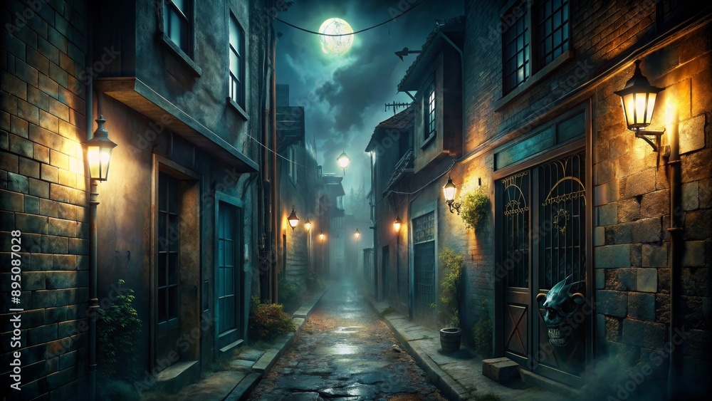 A Mystical Alleyway Under a Full Moon, Digital Art, Dark and Foggy Streets, Gothic Architecture, Horror, Halloween , night A Mystical Alleyway Under a Full Moon, Digital Art, Dark and Foggy Streets, Gothic Architecture, Horror, Halloween , night