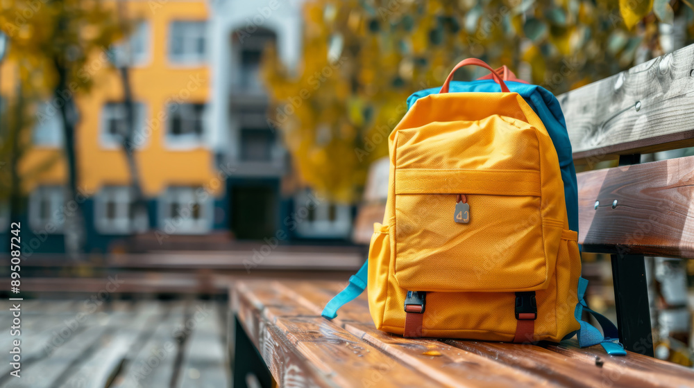 School backpack on a bench against the backdrop of the school. Back to school. Background for design.